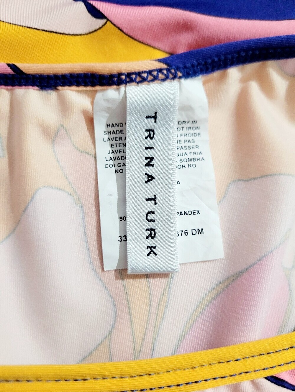 Trina Turk Floral Shift Dress Large L Pink Yellow Blue Bell Sleeve Stretch Beach - Picture 7 of 11